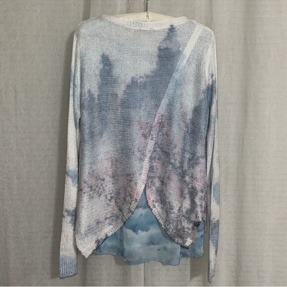 SIONI L White Blue Pink Cloud Floral Reverse Knit Sweater Blouse Pullover - Picture 2 of 11